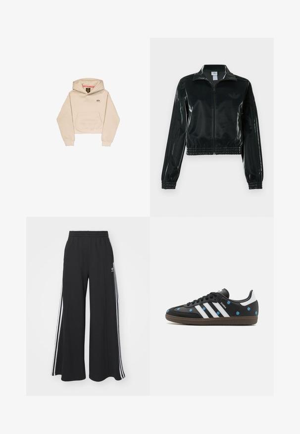 Čierna lesklá skrátená bunda so zipsom vpredu, vysokým golierom a elastickým lemom. Rukávy zdobia tri pruhy a na hrudi je malý logo.; Skraťená béžová mikina s kapucňou vyrobená z mäkkého materiálu, s predným vreckom, kapucňou a malým logom na hrudi. Hladká textúra a voľný strih.; Čierne široké teplákové nohavice s elastickým pásom, so bielymi bočnými prúžkami a výšivkou loga na ľavom stehne.; Čierne kožené tenisky s bielymi pruhmi a kvetinovou výšivkou v modrej farbe. Majú hnedú gumovú podrážku a zaoblený dizajn špičky.
