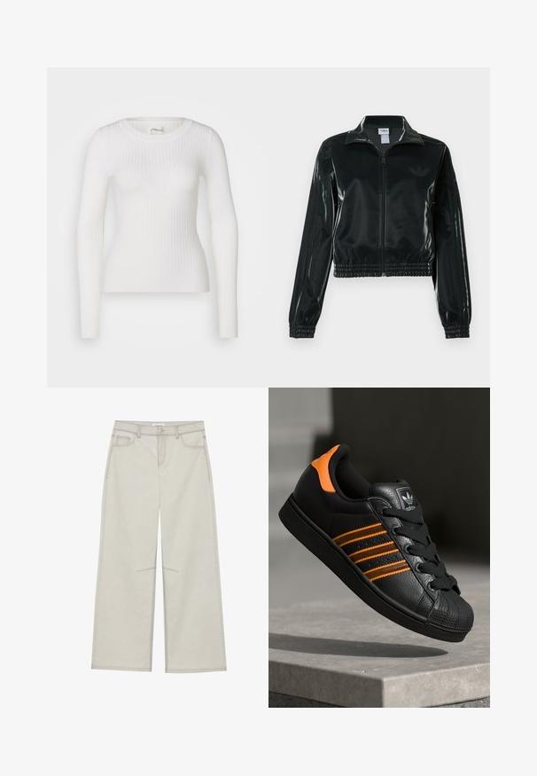 Sort blank cropped jakke med glidelås foran, høy krage og elastisk nederkant. Har tre striper på ermene og en liten logo på brystet.; Hvitt langermet ribbestrikket topp med rund hals. Stoffet er glatt, med en subtil tekstur og en tettsittende design. Ingen synlig maskinvare eller mønstre.; Lys grå vide bukser med fem lommer, frontknaplukning og kontrastsying langs sømmene. Stoffet ser blødt og holdbart ud.; Svart sneaker med oransje detaljer, tre horisontale striper, teksturert skinnoverdel, gummitå, og svarte lisser.
