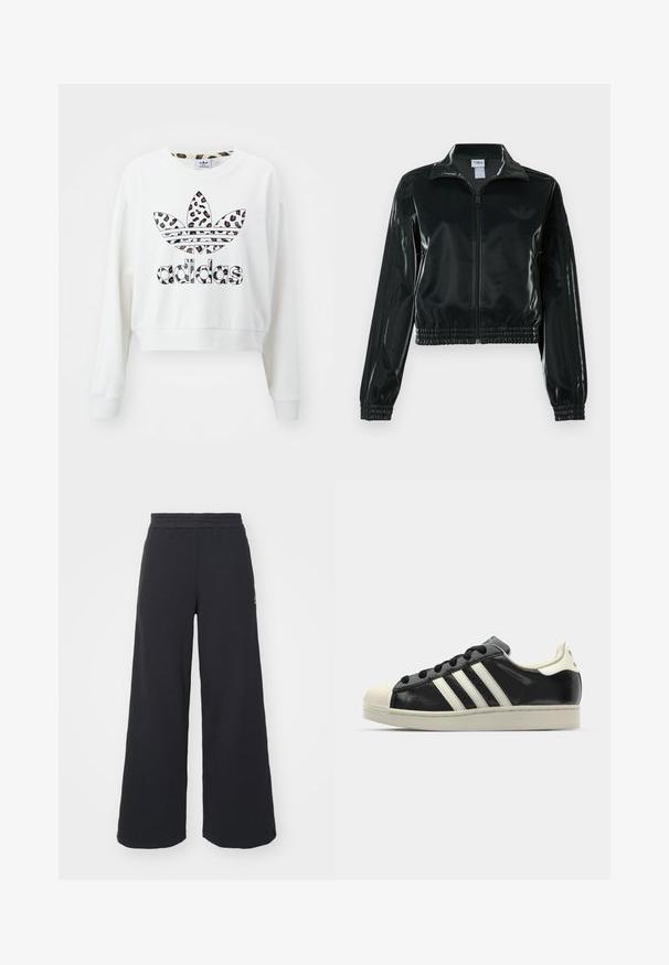 Sort blank cropped jakke med glidelås foran, høy krage og elastisk nederkant. Har tre striper på ermene og en liten logo på brystet.; Hvit cropped sweatshirt med lange ermer, med et leopardmønster Adidas trefoil-logo. Jevnt stoff med ribbestrikkede mansjetter.; Svart bukse med vid benvidde laget av myk stoff, med elastisk midjebånd og en liten logo på venstre side.; Svarte skinnsneakers med hvite striper, gummitopp, svarte lisser og en kremfarget såle. Glatt tekstur med blank finish.