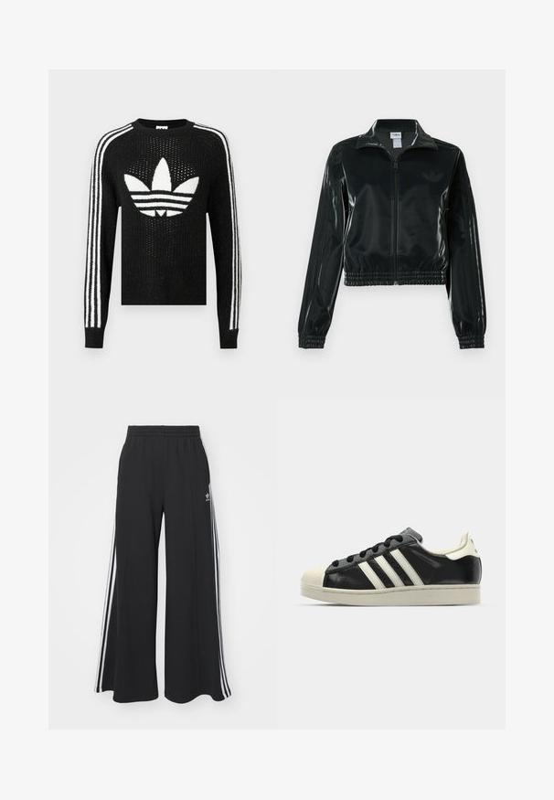 Casaco curto preto brilhante com fecho de correr frontal, gola alta e bainha elástica. Apresenta três riscas nas mangas e um pequeno logotipo no peito.; Sweater de malha preto com um logótipo trefoil branco da Adidas e três riscas brancas em cada manga. Tecido texturizado com ligeiro brilho.; Calças de suor largas e pretas com uma cintura elástica, apresentando riscas brancas nas laterais e um logótipo bordado na coxa esquerda.; Sapatilha de couro preto com riscas brancas, biqueira de borracha, atacadores pretos e sola na cor creme. Textura suave com acabamento brilhante.