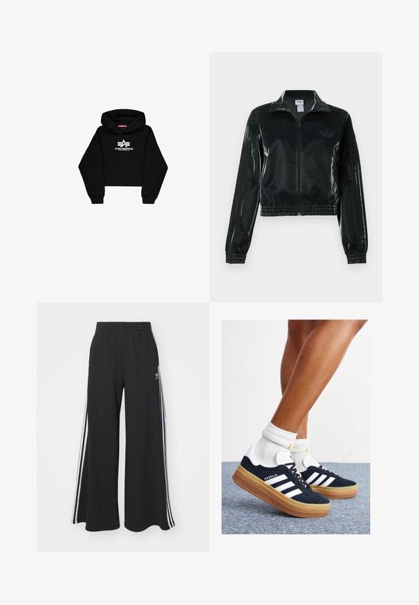 Črno, sijočo kratko jakno z zadrgo spredaj, visokim ovratnikom in elastičnim spodnjim robom. Na rokavih so tri črte, na prsih pa majhen logotip.; Črn skrajšan hoodie iz mehkega materiala. Ima sprednji žep, rebraste manšete in bel logotip z črtami na prsih.; Črne široke trenirke z elastičnim pasom, ki imajo bele stranske proge in vezeno logo na levi stegna.; Črni antilop superge z belimi črtami in poudarki, okrogel prst, gumijasti podplat, kombinirane z belimi rebrastimi nogavicami.