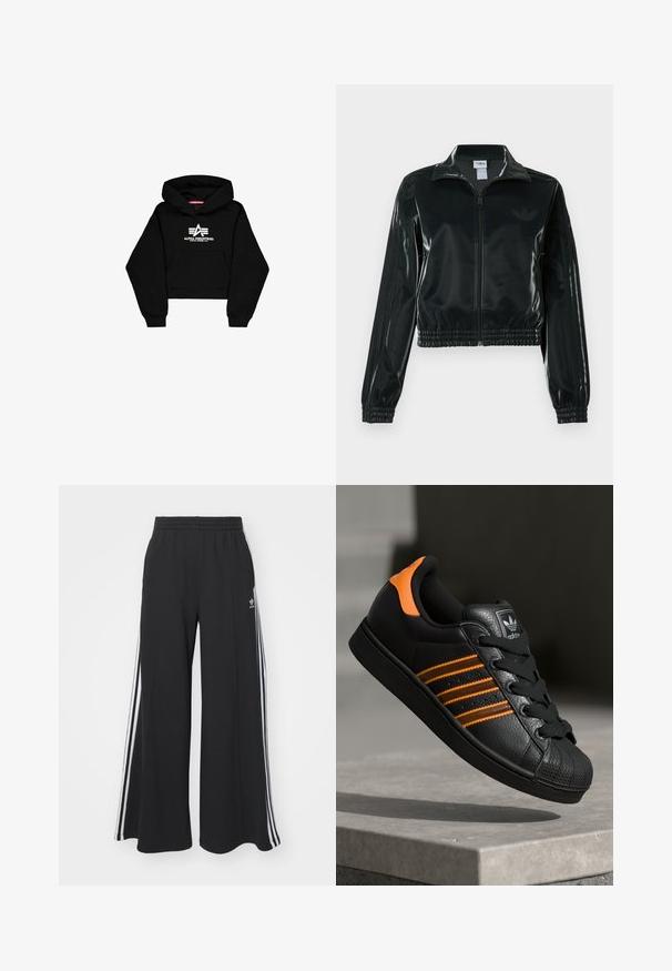 Zwarte glanzende cropped jas met een ritssluiting aan de voorkant, hoge kraag en elastische zoom. Voorzien van drie strepen op de mouwen en een klein logo op de borst.; Zwarte cropped hoodie van zacht materiaal. Voorzien van een voorzak, geribbelde manchetten en een witte logoprint met strepen op de borst.; Zwarte wijde sweatpants met een elastische tailleband, met witte zijstrepen en een geborduurd logo op de linker dij.; Zwarte sneaker met oranje accenten, drie horizontale strepen, bovenwerk van textuurlak, rubberen neuzen en zwarte veters.