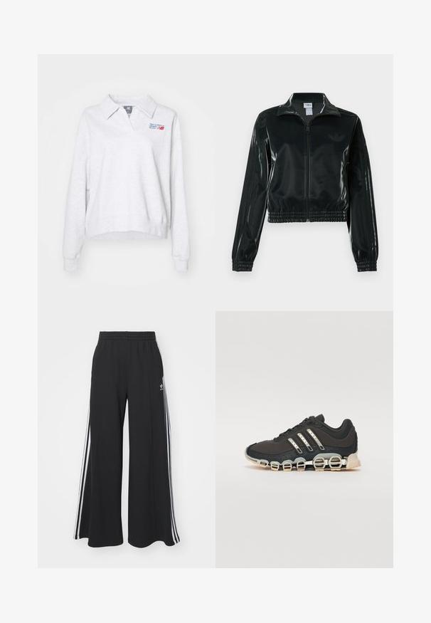 Melna spīdīga īsā jaka ar rāvējslēdzēja priekšpusi, augstu apkakli un elastīgu apakšu. Piedevas ir trīs svītras uz piedurknēm un neliels logotips uz krūtīm.; Gaiši pelēks krekls ar polo apkakli, garām piedurknēm un ribotiem manžetēm. Uz kreisā krūtis ir redzams zils un sarkans izšūts logo.; Melnas plašas sporta bikses ar elastīgu jostasvietu, kurām ir baltas sānu svītras un izšūts logo kreisajā augšstilbā.; Melna sporta apavi ar teksturētu augšdaļu, trim sudraba svītrām un atšķirīgu amortizācijas zoli, kas sastāv no vairākiem integrētiem sekvencēm.