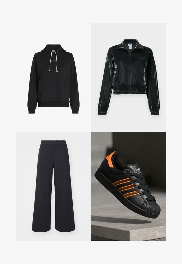 Must läikiv lühike jakk lukuga esiküljel, kõrge krae ja elastse äärega. Varrukatel on kolm triipu ja rinnal väike logo.; Musta kapuutsiga sviiter, mis on valmistatud pehmest kangast, omades kängurupüüdjat, nööriga kapuutsi kreemivärvi nööridega ning diskreetset logodetaili rinnal.; Mustad laiad spordipüksid, mis on valmistatud pehmest kangast, elastse vöökohtaga ja väikese logoga vasakul küljel.; Mustad mustad mustad oranzhides üksikasjad, kolm horisontaalset triipu, tekstureeritud nahk pealisosa, kummist varbaosa ja mustad paelad.