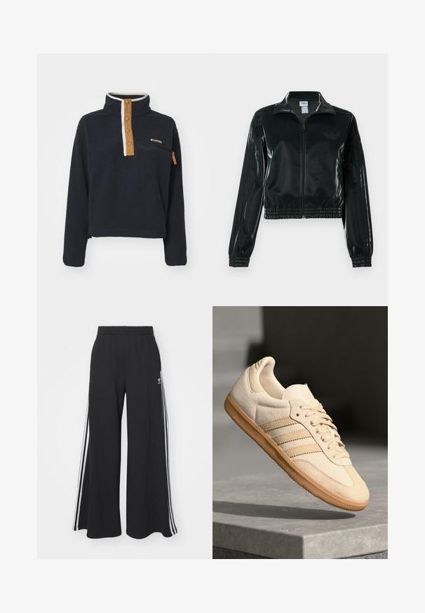 Sort blank cropped jakke med glidelås foran, høy krage og elastisk nederkant. Har tre striper på ermene og en liten logo på brystet.; Marinefarget fleece-pullover med høy krage, halvknappingsfront og brystlomme. Har en kontrasterende beige placket og glidelåslomme.; Svart vide joggebukser med elastisk midjebånd, med hvite sidestriper og brodert logo på venstre lår.; Lys beige suedette sneakers med gummisåle, tre diagonale striper og en teksturert tåhette. Har logo på tungen og siden.