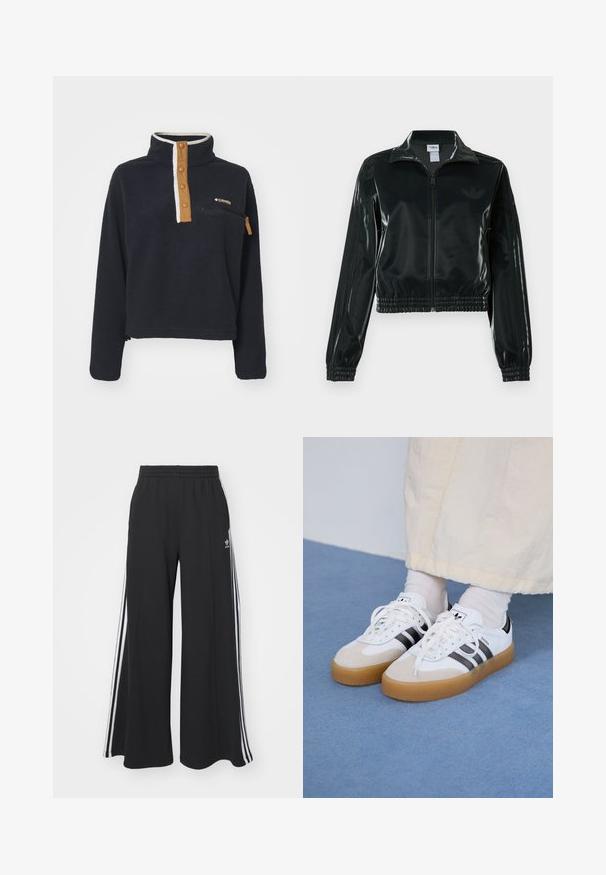 Must läikiv lühike jakk lukuga esiküljel, kõrge krae ja elastse äärega. Varrukatel on kolm triipu ja rinnal väike logo.; Tumes sinine fliispullover kõrge kaelusega, poolnuppe ees ja rinna taskuga. Omab kontrastset beeži klappi ja tõmblukuga taskut.; Mustad laiad trenni püksid elastse vöökohtaga, millel on valged küljeribad ja tikitud logo vasakul reiel.; Valged tossud mustade triipudega ja beeži nahaga aktsentidega. Omavad tekstuuriga kummist talla ja lamedaid valgeid paelu, kantud heledate sokkidega.