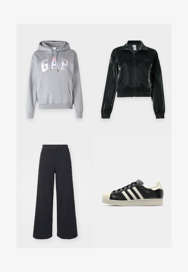 Juoda blizgi trumpa striukė su užtrauktuku priekyje, aukštu apykakliu ir elastine apačia. Rankovėse trys dryžiai ir mažas logotipas ant krūtinės.; GAP HERITAGE - Sportinis megztinis - pilot grey; Juoda plačių kojų sportinė kelnė, pagaminta iš minkštos medžiagos, su elastinga juosmens juosta ir mažu logotipu kairėje pusėje.; Juodi odiniai sportiniai bateliai su baltais dryžiais, guminis toe kapas, juodi raišteliai ir kreminis padas. Lygus pavirčius su blizgiu finišu.