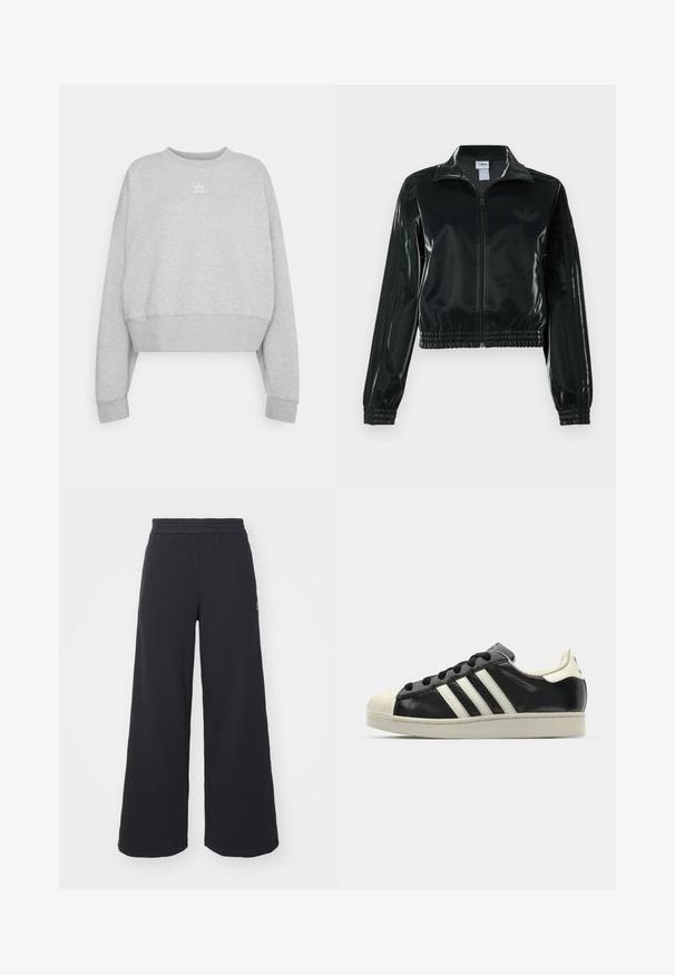Giacca nera lucida corta con zip frontale, colletto alto e orlo elasticizzato. Presenta tre strisce sulle maniche e un piccolo logo sul petto.; Felpa grigia cropped realizzata in tessuto morbido, con scollo a girocollo e maniche lunghe. Include un piccolo logo bianco Adidas sul petto.; Pantaloni felpati neri a gamba larga realizzati in tessuto morbido, con un elastico in vita e un piccolo logo sul lato sinistro.; Sneaker in pelle nera con strisce bianche, punta in gomma, lacci neri e suola di colore crema. Texture liscia con finitura brillante.