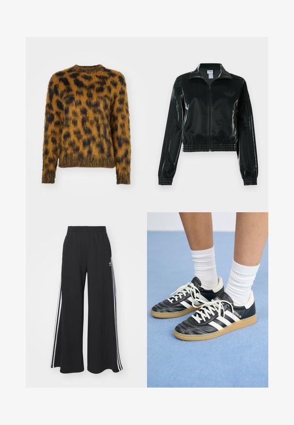 Juoda blizgi trumpa striukė su užtrauktuku priekyje, aukštu apykakliu ir elastine apačia. Rankovėse trys dryžiai ir mažas logotipas ant krūtinės.; Obey Clothing DOTTIE CREW - Džemperis - bone brown; Juodos plačios kojų džinsinės kelnės su elastingu juosmeniu, turinčios baltas šonines juosteles ir išsiuvinėtą logotipą kairiajame šlaunyje.; Juodos odinės sportbačiai su baltais dryžiais, apvalia nosimi, baltais raišteliais ir guminiu padu. Pabrėžti paminkštinta apykakle ir prekių ženklų detalėmis.