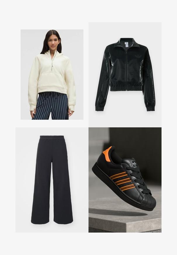 Melna spīdīga īsā jaka ar rāvējslēdzēja priekšpusi, augstu apkakli un elastīgu apakšu. Piedevas ir trīs svītras uz piedurknēm un neliels logotips uz krūtīm.; Kremkrāsas džemperis ar rāvējslēdzēju, ar priekšējo kabatu, ribotām aprocēm un brīvā griezuma, kombinēts ar tumši zilu un baltu svītrainu biksēm.; Melni platās svārku bikses, izgatavotas no mīksta auduma, ar elastīgu jostas daļu un mazu logotipu kreisajā pusē.; Melnas kedas ar oranžiem akcentiem, trīs horizontālas svītras, teksturēts ādas augšdaļa, gumijas purngala daļa un melnas auklas.