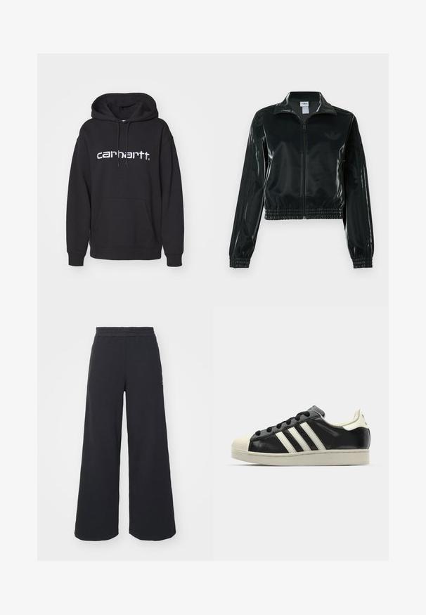Crna sjajna kratka jakna s patentnim zatvaračem sprijeda, visokim ovratnikom i porubom s elastikom. Na rukavima ima tri pruge i mali logo na prsima.; Crna dukserica s kapuljačom napravljena od pamuka, s kenguruh džepom, manžetama na rukavima i bijelim izvezenim "carhartt" logotipom sprijeda.; Crne široke sweatpants hlače napravljene od mekog materijala, s elastičnim strukom i malim logotipom s lijeve strane.; Crni kožni tenisice s bijelim prugama, gumeni zaštitni vrh, crne vezice i bijela potplata boje krem. Glatka tekstura s sjajnim završetkom.