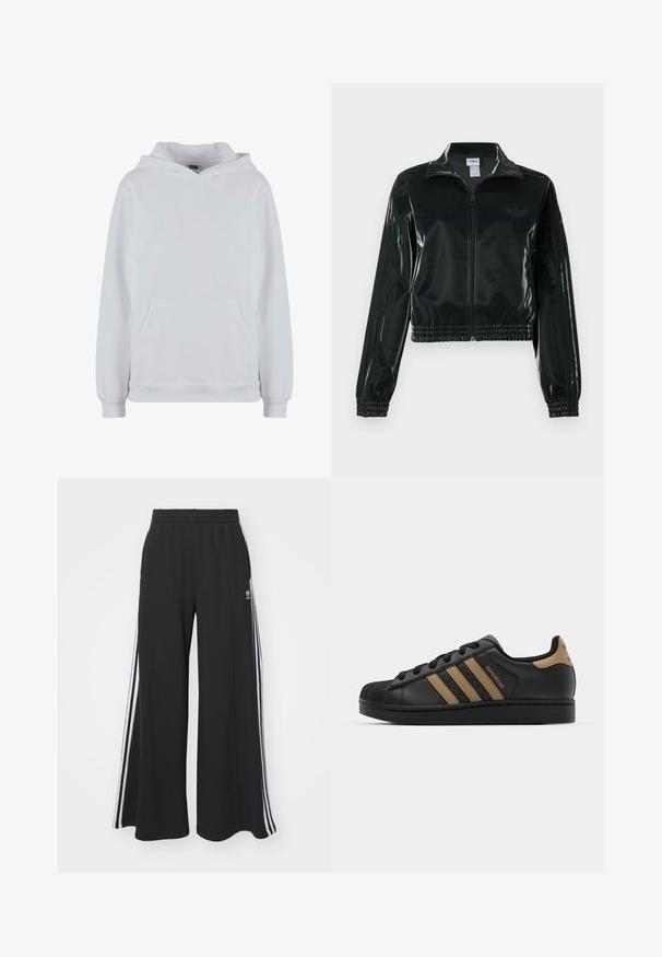 Fekete, fényes rövidített dzseki cipzárral az elején, magas gallérral és elasztikus szegéllyel. Három csík díszíti az ujjakat, és kis logó található a mellrészen.; Fehér kapucnis pulóver pamut keverékből. Hosszú ujjakkal, elöl egy kenguruzsebbel, valamint bordás mandzsettákkal és aljjal rendelkezik.; Fekete, bő szárú melegítőnadrág, rugalmas derékkal, fehér oldalsávokkal és hímzett logóval a bal combon.; Fekete bőr sportcipő három barna csíkkal, texturált gumibejárattal, fűzős elemmel, és lapos fekete talppal. Finom logó található a sarokrészen.