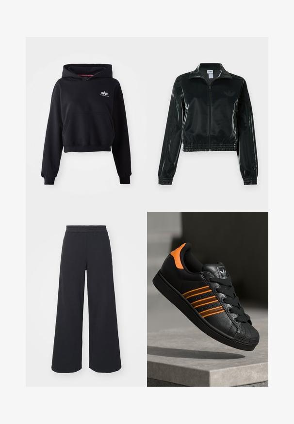 Schwarze glänzende, kurz geschnittene Jacke mit Reißverschluss vorne, hohem Kragen und elastischem Saum. Verfügt über drei Streifen an den Ärmeln und ein kleines Logo auf der Brust.; Schwarze, kürzere Kapuzenjacke aus weichem Stoff, mit einer Fronttasche, Zugkordel-Kapuze und einem kleinen weißen Logo auf der Brust.; Schwarze weite Sweatpants aus weichem Material, mit einem elastischen Taillenbund und einem kleinen Logo auf der linken Seite.; Schwarze Sneaker mit orangen Akzenten, drei horizontalen Streifen, strukturiertem Lederobermaterial, Gummikappe und schwarzen Schnürsenkeln.