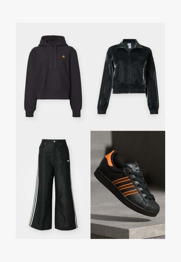 Crna sjajna kratka jakna s patentnim zatvaračem sprijeda, visokim ovratnikom i porubom s elastikom. Na rukavima ima tri pruge i mali logo na prsima.; Crni kratki dukserica izrađena od mekanog materijala, s kenguruvim džepom, kapuljačom s vezicom i izvezenim logom u žutoj i crvenoj boji.; Crne široke traper hlače s tri bijele pruge sa svake strane i malim bijelim logom. Ima prednje džepove i preklop s gumbom.; Crni tenisice s narančastim naglascima, tri horizontalne pruge, teksturirani kožni gornji dio, gumen kapica za prste i crne vezice.