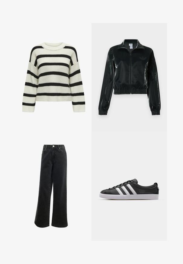 Giacca nera lucida corta con zip frontale, colletto alto e orlo elasticizzato. Presenta tre strisce sulle maniche e un piccolo logo sul petto.; Maglione lavorato a maglia con collo rotondo, caratterizzato da strisce orizzontali alternate in nero e crema. Tessuto testurizzato con maniche lunghe e vestibilità corta.; Pantaloni in denim nero a vita alta e gamba larga, con chiusura a bottone, cinque tasche e un piccolo logo ricamato sul davanti. Tessuto testurizzato.; Sneaker in pelle nera con design a tre strisce bianche, punta arrotondata, suola piatta in gomma bianca e dettaglio del marchio sul lato.
