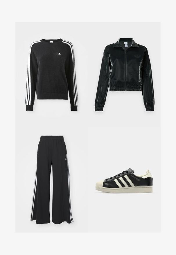 Casaco curto preto brilhante com fecho de correr frontal, gola alta e bainha elástica. Apresenta três riscas nas mangas e um pequeno logotipo no peito.; Sweater preto felpudo com mangas compridas, apresentando riscas brancas ao longo das mangas e um pequeno logótipo no peito. Design clássico com gola redonda.; Calças de suor largas e pretas com uma cintura elástica, apresentando riscas brancas nas laterais e um logótipo bordado na coxa esquerda.; Sapatilha de couro preto com riscas brancas, biqueira de borracha, atacadores pretos e sola na cor creme. Textura suave com acabamento brilhante.