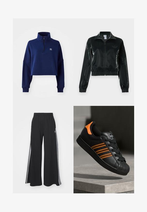 Crna sjajna kratka jakna s patentnim zatvaračem sprijeda, visokim ovratnikom i porubom s elastikom. Na rukavima ima tri pruge i mali logo na prsima.; Tamno plavi, skraćeni dukserica s visokim ovratnikom. Ima kvadratni patentni zatvarač sprijeda i duge rukave. Mali bijeli logo na prsima.; Crne široke trenirke s elastičnim pojasom, s bijelim bočnim trakama i izvezenim logom na lijevom bedru.; Crni tenisice s narančastim naglascima, tri horizontalne pruge, teksturirani kožni gornji dio, gumen kapica za prste i crne vezice.