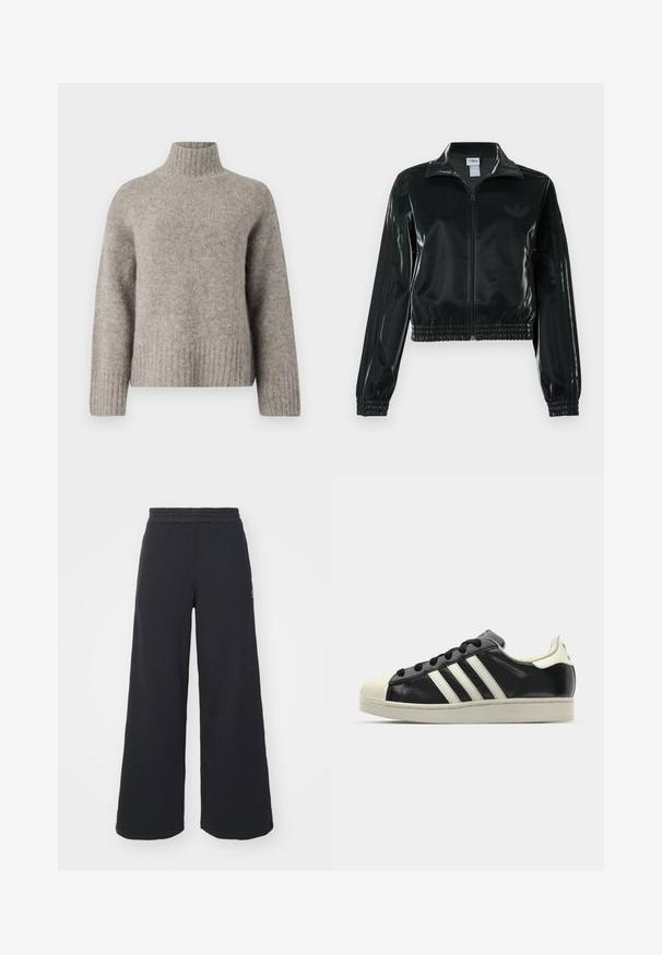 Juoda blizgi trumpa striukė su užtrauktuku priekyje, aukštu apykakliu ir elastine apačia. Rankovėse trys dryžiai ir mažas logotipas ant krūtinės.; Šviesiai pilkas golfas, pagamintas iš minkštos, tekstūruotos medžiagos. Su gipiūruotais rankogaliais ir apačia, laisvo kirpimo ir minimalizmo dizainu.; Juoda plačių kojų sportinė kelnė, pagaminta iš minkštos medžiagos, su elastinga juosmens juosta ir mažu logotipu kairėje pusėje.; Juodi odiniai sportiniai bateliai su baltais dryžiais, guminis toe kapas, juodi raišteliai ir kreminis padas. Lygus pavirčius su blizgiu finišu.