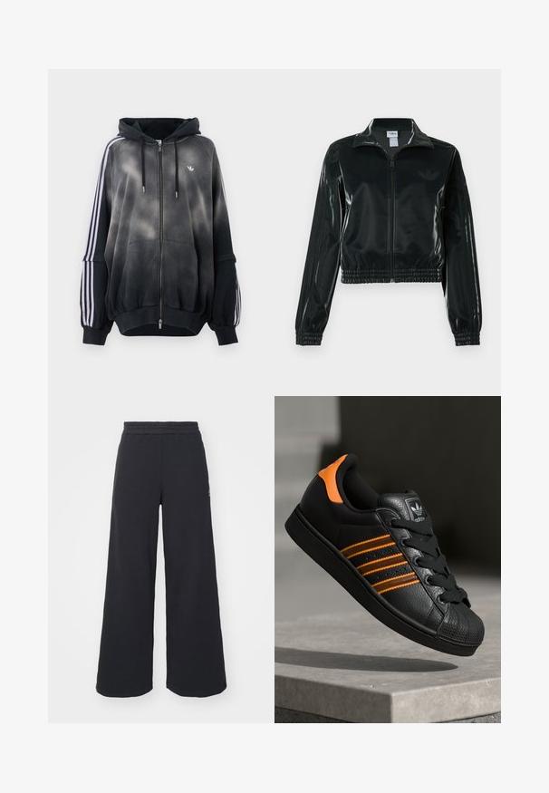 Casaco curto preto brilhante com fecho de correr frontal, gola alta e bainha elástica. Apresenta três riscas nas mangas e um pequeno logotipo no peito.; Hoodie preto com efeito de degradê, feito de material suave. Apresenta fecho com zíper, grandes bolsos frontais e riscas brancas nas laterais.; Calças de fato largas, pretas, feitas de tecido macio, com uma cintura elástica e um pequeno logótipo do lado esquerdo.; Sapatilha preta com detalhes laranja, três riscas horizontais, parte superior em couro texturizado, bico de borracha e atacadores pretos.