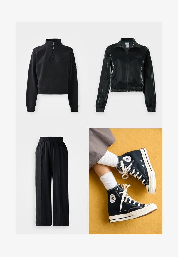 Chaqueta corta negra brillante con cremallera en el frente, cuello alto y dobladillo elástico. Presenta tres rayas en las mangas y un pequeño logo en el pecho.; Sudadera negra recortada con cuello alto, cremallera de cuarto y puños acanalados. Hecha de un material suave con un logo sutil en la parte delantera.; Pantalones de pierna ancha negros con cinturilla elástica, fabricados en tejido suave, que presentan una textura lisa y líneas de diseño limpias.; Zapatillas altas de lona negras con cordones blancos y suelas de goma, que cuentan con un logotipo redondo de Converse All Star en el lado exterior.