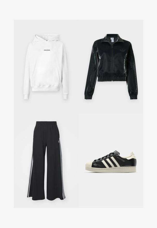 Casaco curto preto brilhante com fecho de correr frontal, gola alta e bainha elástica. Apresenta três riscas nas mangas e um pequeno logotipo no peito.; Hoodie branco feito de um material suave, com um bolso frontal, punhos canelados e um logo preto "PEGADOR" no peito.; Calças de suor largas e pretas com uma cintura elástica, apresentando riscas brancas nas laterais e um logótipo bordado na coxa esquerda.; Sapatilha de couro preto com riscas brancas, biqueira de borracha, atacadores pretos e sola na cor creme. Textura suave com acabamento brilhante.