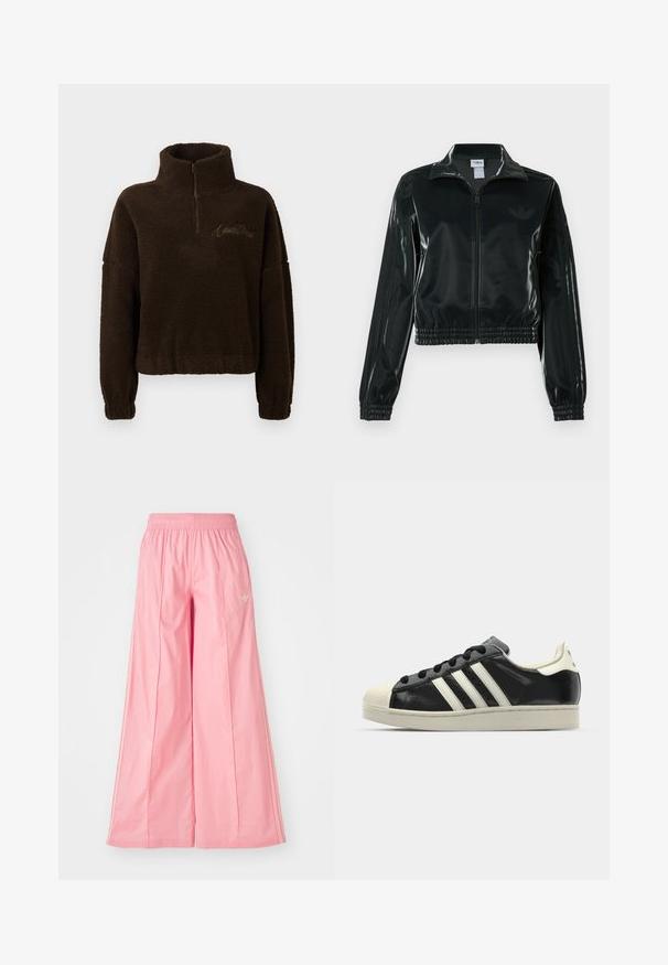 Zwarte glanzende cropped jas met een ritssluiting aan de voorkant, hoge kraag en elastische zoom. Voorzien van drie strepen op de mouwen en een klein logo op de borst.; Donkere bruine fleecetop met halve rits, hoge kraag, lange mouwen, elastische cuffs en geborduurde tekst op de bovenste linkerborst.; Roze wijde broeken gemaakt van lichtgewicht stof, met een elastische tailleband en subtiele witte streepjes aan de zijkanten. Klein logo aan de voorkant.; Zwarte leren sneaker met witte strepen, rubberen teenbescherming, zwarte veters en een crèmekleurige loopzool. Glad oppervlak met een glanzende afwerking.