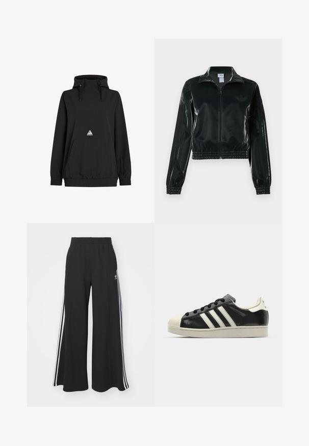 Veste courte noire brillante avec fermeture éclair à l'avant, col montant et ourlet élastiqué. Dotée de trois bandes sur les manches et d'un petit logo sur la poitrine.; Sweat à capuche noir avec un col haut, cordon de serrage, poche avant, ourlet élastique et un patch en forme de triangle. Tissu doux et lisse.; Pantalons de survêtement larges noirs avec une taille élastique, présentant des rayures blanches sur les côtés et un logo brodé sur la cuisse gauche.; Baskets en cuir noir avec des rayures blanches, embout en caoutchouc, lacets noirs et semelle extérieure crème. Texture lisse avec une finition brillante.