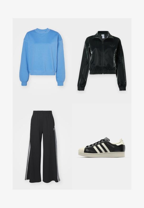 Zwarte glanzende cropped jas met een ritssluiting aan de voorkant, hoge kraag en elastische zoom. Voorzien van drie strepen op de mouwen en een klein logo op de borst.; Weekday ESSENCE STANDARD - Sweater - blue medium; Zwarte wijde sweatpants met een elastische tailleband, met witte zijstrepen en een geborduurd logo op de linker dij.; Zwarte leren sneaker met witte strepen, rubberen teenbescherming, zwarte veters en een crèmekleurige loopzool. Glad oppervlak met een glanzende afwerking.