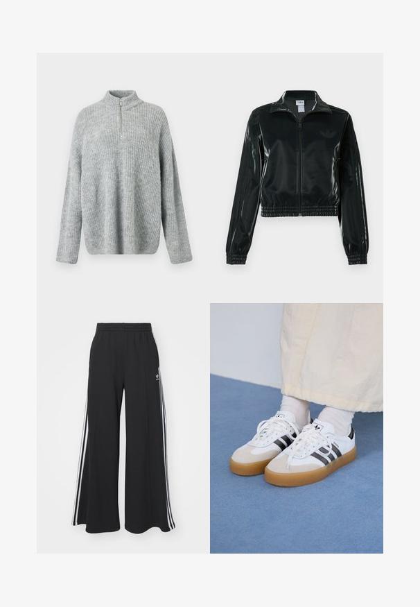 Veste courte noire brillante avec fermeture éclair à l'avant, col montant et ourlet élastiqué. Dotée de trois bandes sur les manches et d'un petit logo sur la poitrine.; Pull en maille gris clair avec un col haut et une fermeture éclair mi-longue ; possède une coupe décontractée et une texture côtelée sur l'ensemble du tissu.; Pantalons de survêtement larges noirs avec une taille élastique, présentant des rayures blanches sur les côtés et un logo brodé sur la cuisse gauche.; Baskets blanches avec des rayures noires et des accents en daim beige. Elles présentent une semelle en gomme texturée et des lacets plats blancs, portées avec des chaussettes claires.