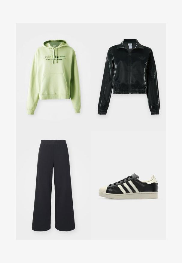 Melna spīdīga īsā jaka ar rāvējslēdzēja priekšpusi, augstu apkakli un elastīgu apakšu. Piedevas ir trīs svītras uz piedurknēm un neliels logotips uz krūtīm.; Gaiza zaļā kapuce, kas izgatavota no kokvilnas maisījuma. Iespējas: kangoru kabata, šķērsojams uzvalks ar auklām un izšūts logo teksts "Carhartt Work in Progress."; Melni platās svārku bikses, izgatavotas no mīksta auduma, ar elastīgu jostas daļu un mazu logotipu kreisajā pusē.; Melna ādas sporta apava ar baltām svītrām, gumijas purngala aizsardzību, melnām auklām un krēma krāsas zoli. Gluda tekstūra ar spīdīgu apdari.