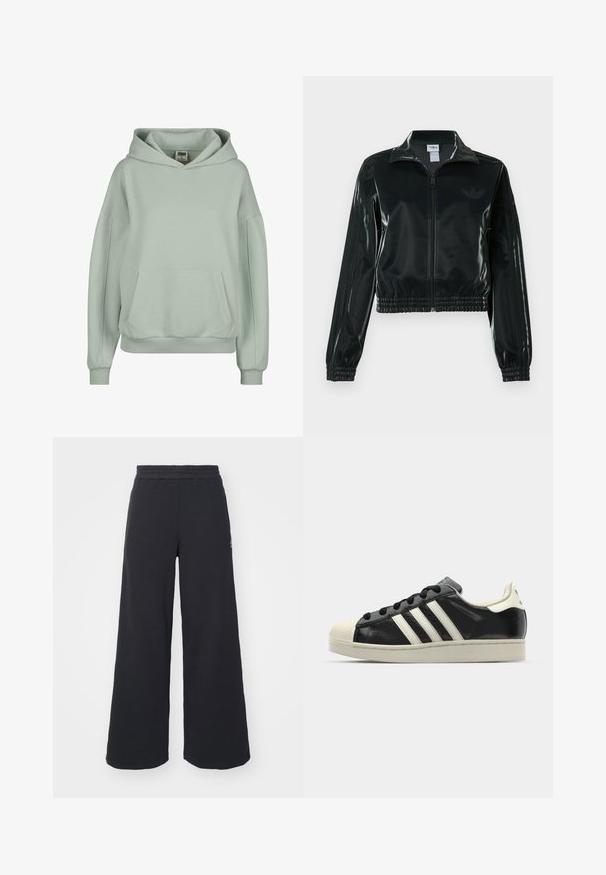 Sort blank cropped jakke med glidelås foran, høy krage og elastisk nederkant. Har tre striper på ermene og en liten logo på brystet.; Lys grønn hettegenser med kengurulomme, ribbestrikkede mansjetter og nederkant, samt en stor justerbar hette. Laget av myk, behagelig stoff.; Svart bukse med vid benvidde laget av myk stoff, med elastisk midjebånd og en liten logo på venstre side.; Svarte skinnsneakers med hvite striper, gummitopp, svarte lisser og en kremfarget såle. Glatt tekstur med blank finish.
