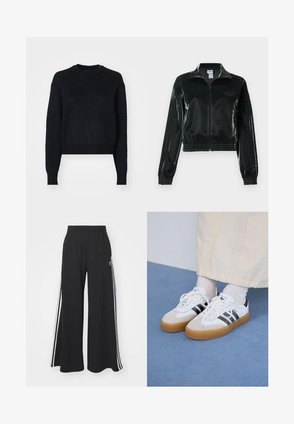 Crna sjajna kratka jakna s patentnim zatvaračem sprijeda, visokim ovratnikom i porubom s elastikom. Na rukavima ima tri pruge i mali logo na prsima.; Crni skraćeni pulover s okruglim izrezom, dugim rukavima, teksturiranim pletenim materijalom i rebrastim manžetama i rubom. Jednostavan i moderan dizajn.; Crne široke trenirke s elastičnim pojasom, s bijelim bočnim trakama i izvezenim logom na lijevom bedru.; Bjele tenisice s crnim prugama i bež suknjom. Imaju teksturiranu gumu potplat i ravne bijele vezice, nošene uz svijetle čarape.