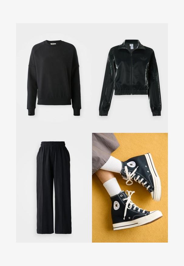 Fekete, fényes rövidített dzseki cipzárral az elején, magas gallérral és elasztikus szegéllyel. Három csík díszíti az ujjakat, és kis logó található a mellrészen.; Fekete pulóver bordás kerek nyakkal, raglán ujjakkal és enyhén crop szabással. Finom logó található az anyagban. Puha textúra.; Fekete, bő szárú nadrág, rugalmas derékkal, puha szövetből készült, sima textúrával és letisztult dizájnvonalakkal.; Fekete magas szárú vászon sportcipő, fehér fűzőkkel és gumitalppal, a külső oldalán egy kerek Converse All Star logóval.