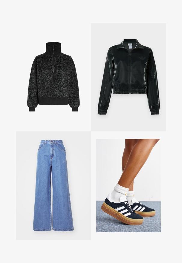 Casaco curto preto brilhante com fecho de correr frontal, gola alta e bainha elástica. Apresenta três riscas nas mangas e um pequeno logotipo no peito.; Pullover de fleece preto texturizado com gola alta e fecho de meio zip, apresentando punhos e bainha canelados para um ajuste confortável.; adidas Originals Calças de ganga de perna direita - light denim; Ténis de camurça preta com riscas e detalhes brancos, biqueira arredondada, sola em borracha cor de goma, combinados com meias brancas caneladas até à altura do tornozelo.
