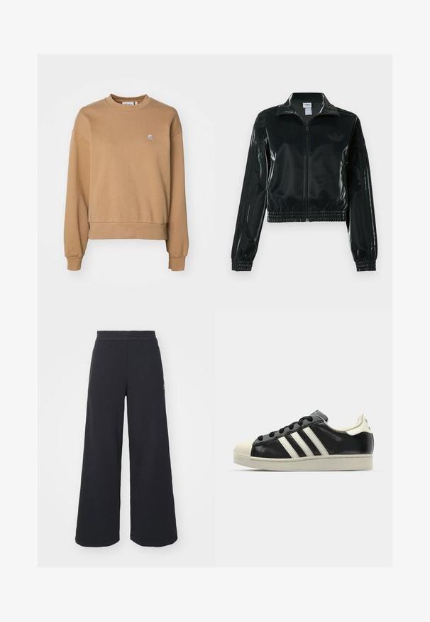 Black glossy cropped jacket with a zip front, high collar, and elasticized hem. Features three stripes on sleeves and a small logo on the chest.; Carhartt WIP CASEY - Sweatshirt - peanut/silver; Black wide-leg sweatpants made from soft fabric, featuring an elastic waistband and a small logo on the left side.; Black leather sneaker with white stripes, rubber toe cap, black laces, and a cream-colored outsole. Smooth texture with shiny finish.