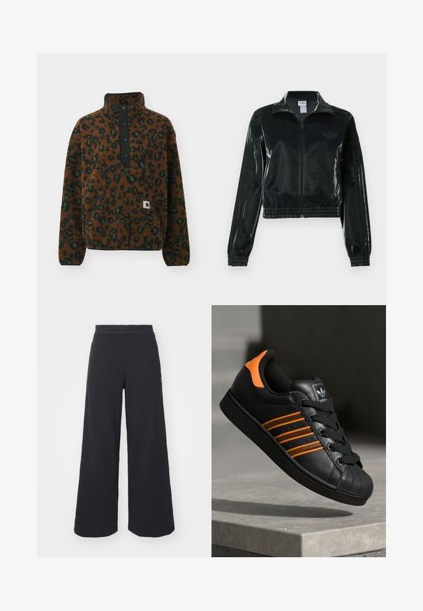 Black glossy cropped jacket with a zip front, high collar, and elasticized hem. Features three stripes on sleeves and a small logo on the chest.; Carhartt WIP ELLIOT HIGH NECK - Fleece jumper - camo leo/tamarind/black; Black wide-leg sweatpants made from soft fabric, featuring an elastic waistband and a small logo on the left side.; Black sneaker with orange accents, three horizontal stripes, textured leather upper, rubber toe cap, and black laces.