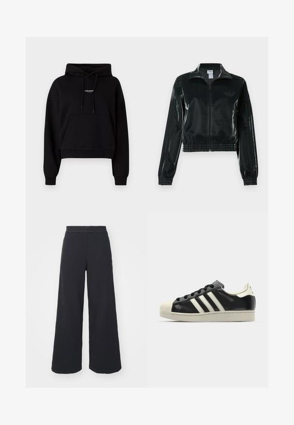Casaco curto preto brilhante com fecho de correr frontal, gola alta e bainha elástica. Apresenta três riscas nas mangas e um pequeno logotipo no peito.; Hoodie cropped preto feito de uma mistura de algodão, com um bolso frontal, capuz com cordão e um pequeno logótipo branco no peito. Textura suave.; Calças de fato largas, pretas, feitas de tecido macio, com uma cintura elástica e um pequeno logótipo do lado esquerdo.; Sapatilha de couro preto com riscas brancas, biqueira de borracha, atacadores pretos e sola na cor creme. Textura suave com acabamento brilhante.
