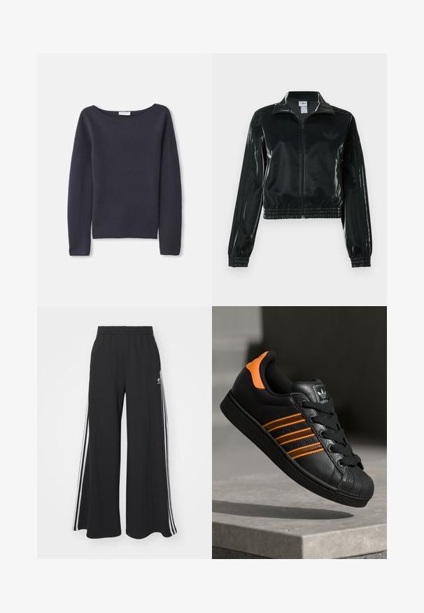 Sort, glinsende cropped jakke med lynlås foran, høj krave og elastisk kant. Har tre striber på ærmerne og et lille logo på brystet.; Marineblå langærmet sweater med bred halsudskæring, blød tekstur og afslappet pasform. Har minimal syning og ingen synlige lukninger.; Sorte brede sweatpants med elastisk talje, med hvide sidelommer og et broderet logo på venstre lår.; Sort sneakers med orange detaljer, tre vandrette striber, tekstureret læderoverdel, gummikappe og sorte snørebånd.