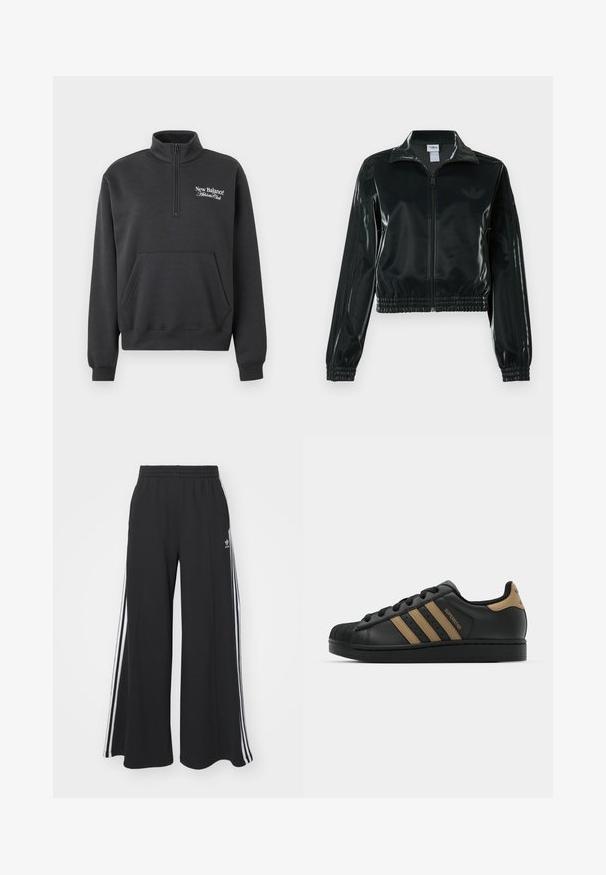 Zwarte glanzende cropped jas met een ritssluiting aan de voorkant, hoge kraag en elastische zoom. Voorzien van drie strepen op de mouwen en een klein logo op de borst.; Donkergrijze, lange mouwen sweatshirt met een kwart rits kraag, voorzak en het "New Balance Athlete Club" logo in het wit. Zachte stoftextuur.; Zwarte wijde sweatpants met een elastische tailleband, met witte zijstrepen en een geborduurd logo op de linker dij.; Zwarte leren sneaker met drie bruine strepen, gestructureerde rubberen neus, vetersluiting aan de voorkant en platte zwarte zool. Heeft een subtiele logo op de hiel.