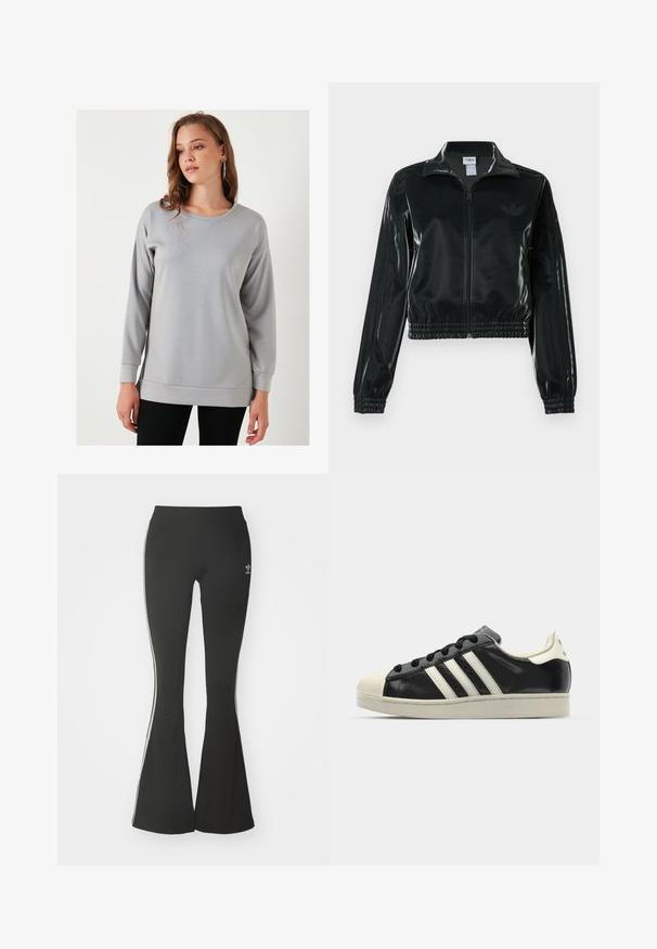 Černá lesklá zkrácená bunda se zipem vpředu, vysokým límcem a elastickým lemem. Má tři pruhy na rukávech a malé logo na hrudi.; Šedá mikina s dlouhým rukávem a kulatým výstřihem, volného střihu, s žebrovanými manžetami, vyrobená z měkké a hladké látky.; Černé rozšířené legíny z elastického materiálu s vysokým pasem a bílými bočními pruhy. Obsahují malé logo v pase.; Černé kožené sneakers s bílými pruhy, gumovou špičkou, černými tkaničkami a krémovou podešví. Hladký povrch s lesklým finišem.