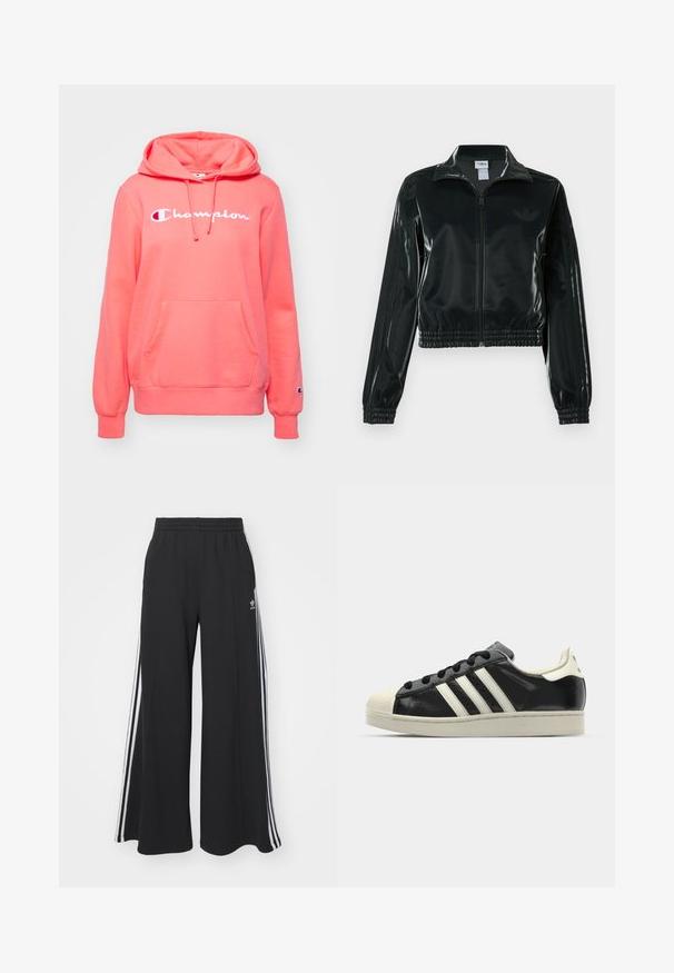 Chaqueta corta negra brillante con cremallera en el frente, cuello alto y dobladillo elástico. Presenta tres rayas en las mangas y un pequeño logo en el pecho.; Sudadera con capucha de color coral rosa, hecha de una mezcla de algodón. Presenta un bolsillo tipo canguro y el logo de "Champion" en blanco en la parte frontal. Puños acanalados.; Pantalones de chándal negros de pierna ancha con una cinturilla elástica, que presentan franjas blancas a los lados y un logo bordado en el muslo izquierdo.; Zapatilla de cuero negro con rayas blancas, puntera de goma, cordones negros y suela color crema. Textura suave con acabado brillante.