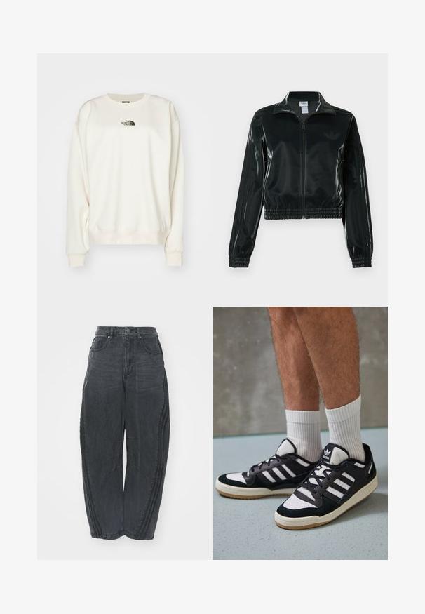 Juoda blizgi trumpa striukė su užtrauktuku priekyje, aukštu apykakliu ir elastine apačia. Rankovėse trys dryžiai ir mažas logotipas ant krūtinės.; The North Face ESSENTIAL OVERSIZE CREW - Sportinis megztinis - white dune; Palaidi juodi džinsai su išblukusiu paviršiumi, penkios kišenės, užsegimas liemeniui mygtuku ir siuvinėtos detalės priekyje bei šonuose.; Juodos ir baltos sportinės bateliai su zomšiniu ir odiniu viršumi, su trimis baltomis juostelėmis, perforuota koja ir guminėmis padais.