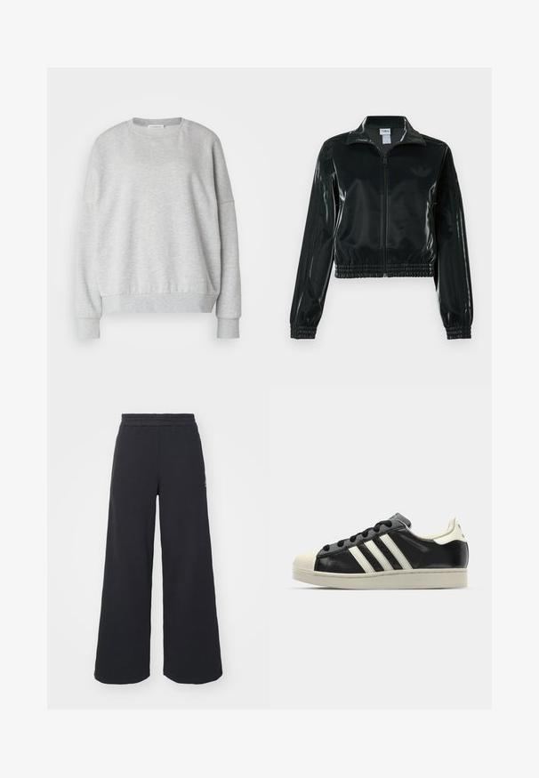 Jachetă neagră lucioasă, scurtă, cu fermoar frontal, guler înalt și tiv elastic. Are trei dungi pe mâneci și un mic logo pe piept.; Moșie gri deschis dintr-un material moale, cu un guler rotund, umeri căzuți și manșete și tiv cu dantelă pentru o croială lejeră.; Pantaloni de trening negri, cu picioare largi, confecționați dintr-un material moale, având un talie elastică și un logo mic pe partea stângă.; Sneaker din piele neagră cu dungi albe, vârf din cauciuc, șireturi negre și talpă de culoare crem. Textură netedă cu finisaj strălucitor.