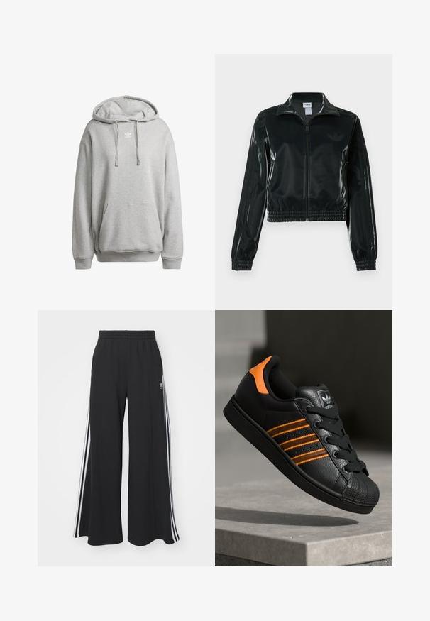 Casaco curto preto brilhante com fecho de correr frontal, gola alta e bainha elástica. Apresenta três riscas nas mangas e um pequeno logotipo no peito.; Sweatshirt cinza com capuz feito de mistura de algodão, apresentando um bolso frontal, punhos canelados e um logotipo branco no peito.; Calças de suor largas e pretas com uma cintura elástica, apresentando riscas brancas nas laterais e um logótipo bordado na coxa esquerda.; Sapatilha preta com detalhes laranja, três riscas horizontais, parte superior em couro texturizado, bico de borracha e atacadores pretos.