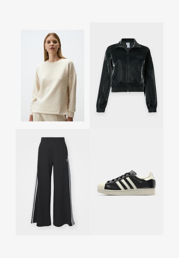 Zwarte glanzende cropped jas met een ritssluiting aan de voorkant, hoge kraag en elastische zoom. Voorzien van drie strepen op de mouwen en een klein logo op de borst.; Crème-kleurige sweatshirt, zachte katoen stof, ontspannen pasvorm, ronde halslijn, doorgevoerde schouders, zijsplitsen aan de onderkant, minimalistisch ontwerp.; Zwarte wijde sweatpants met een elastische tailleband, met witte zijstrepen en een geborduurd logo op de linker dij.; Zwarte leren sneaker met witte strepen, rubberen teenbescherming, zwarte veters en een crèmekleurige loopzool. Glad oppervlak met een glanzende afwerking.