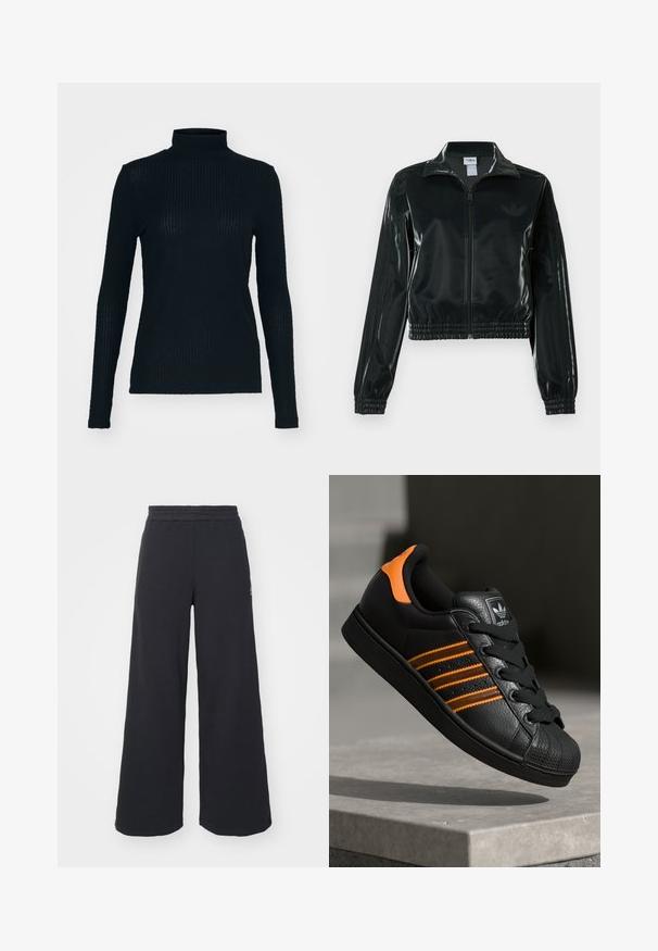 Casaco curto preto brilhante com fecho de correr frontal, gola alta e bainha elástica. Apresenta três riscas nas mangas e um pequeno logotipo no peito.; Top preto de manga longa e gola alta, feito em tecido canelado, com um design ajustado e gola alta. Textura suave com um brilho sutil.; Calças de fato largas, pretas, feitas de tecido macio, com uma cintura elástica e um pequeno logótipo do lado esquerdo.; Sapatilha preta com detalhes laranja, três riscas horizontais, parte superior em couro texturizado, bico de borracha e atacadores pretos.