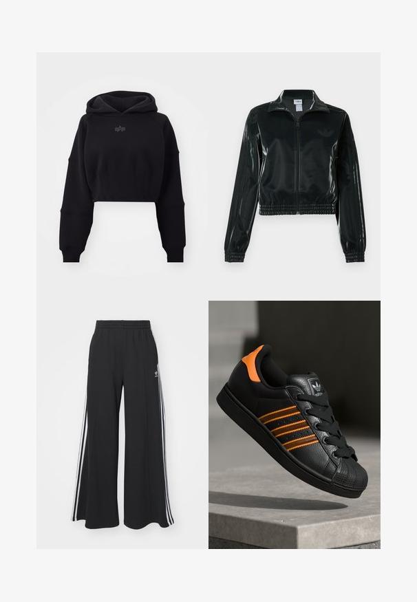 Czarna błyszcząca krótka kurtka na zamek błyskawiczny z przodu, z wysokim kołnierzem i elastycznym wykończeniem na dole. Na rękawach znajdują się trzy paski, a na piersi małe logo.; Przycięta czarna bluza z kapturem z miękkiego materiału, z prążkowanym pasem, oversize'owymi rękawami i subtelnym logo umieszczonym na środku klatki piersiowej.; Czarne szerokie spodnie dresowe z elastycznym pasem, z białymi paskami po bokach i haftowanym logo na lewej udzie.; Czarne sneakersy z pomarańczowymi akcentami, trzema poziomymi paseczkami, skórzaną cholewką o teksturowanej powierzchni, gumowym noskiem i czarnymi sznurówkami.