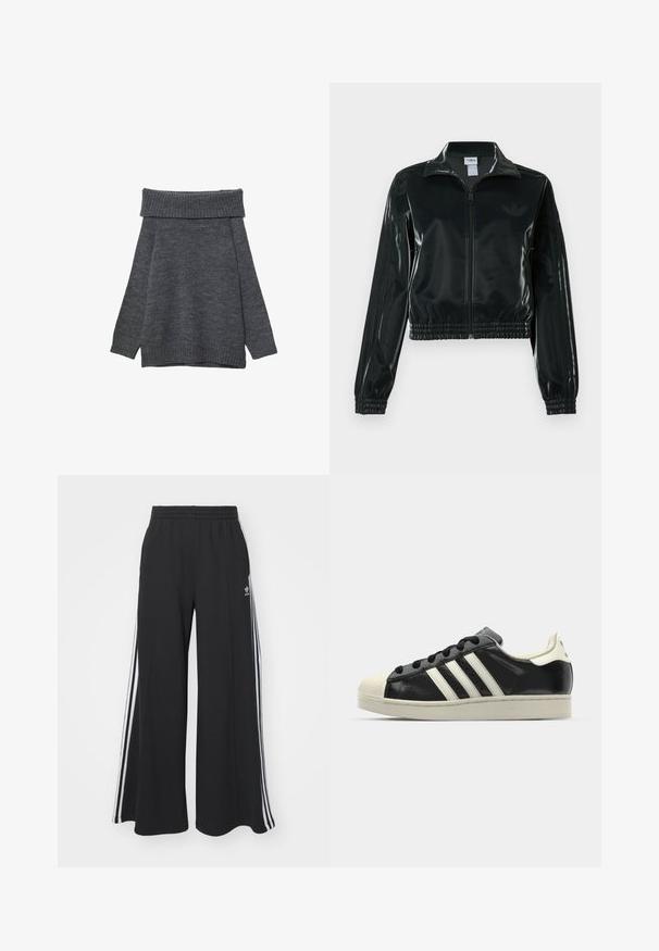 Černá lesklá zkrácená bunda se zipem vpředu, vysokým límcem a elastickým lemem. Má tři pruhy na rukávech a malé logo na hrudi.; Tmavě šedý svetr s širokým, žebrovaným výstřihem na jednom rameni. Dlouhé rukávy a volný střih s žebrovanými manžetami a spodním lemem. Měkká textura.; Černé pohodlné tepláky širokého střihu s elastickým pasem, na boční straně s bílými pruhy a vyšitým logem na levé stehně.; Černé kožené sneakers s bílými pruhy, gumovou špičkou, černými tkaničkami a krémovou podešví. Hladký povrch s lesklým finišem.