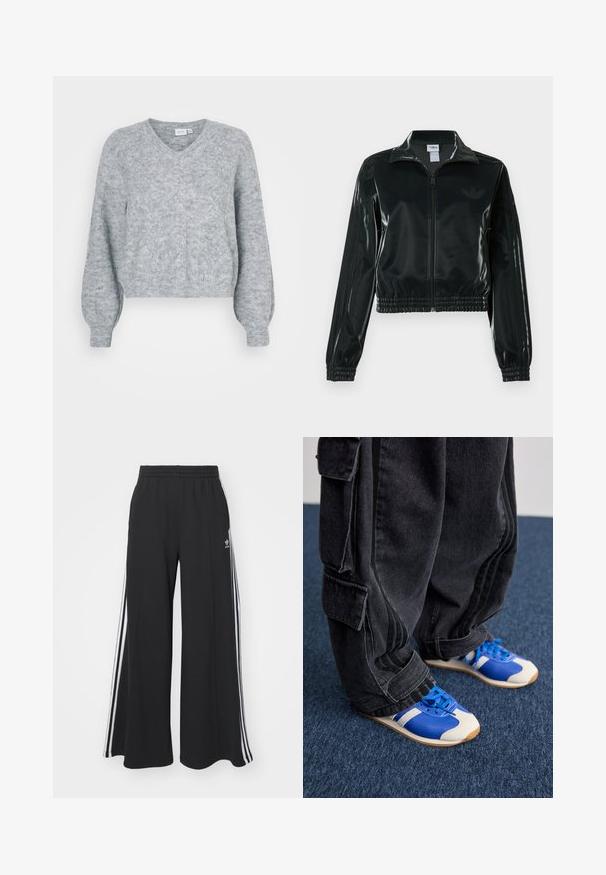 Svart glansig kort jacka med dragkedja framtill, hög krage och elastisk nederkant. Har tre ränder på ärmarna och en liten logga på bröstet.; Grå kortad tröja med V-hals, sänkta axlar, strukturerad textil och ribbad nederkant. Mjuk stickad material med subtila mönsterdetaljer.; Svarta vida sweatpants med elastisk midje, med vita sidosträck och en broderad logotyp på vänster lår.; Person som bär lösa svarta cargobyxor och blåa och vita sneakers stående på en mörkblå matta.