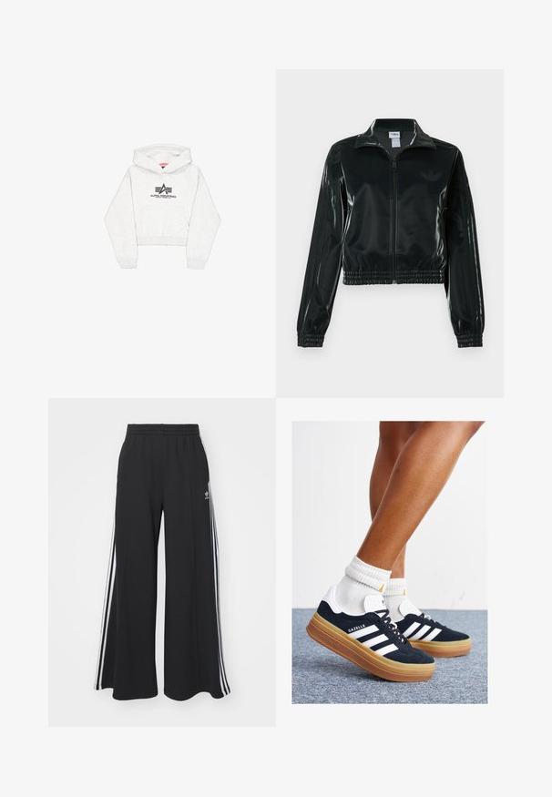 Fekete, fényes rövidített dzseki cipzárral az elején, magas gallérral és elasztikus szegéllyel. Három csík díszíti az ujjakat, és kis logó található a mellrészen.; Világosszürke, rövidített kapucnis pulóver, puha anyagból készült, elülső zsebbel és egy fekete "Alpha Industries" logóval, stilizált díszítéssel a mellkason.; Fekete, bő szárú melegítőnadrág, rugalmas derékkal, fehér oldalsávokkal és hímzett logóval a bal combon.; Fekete velúr sportcipő fehér csíkokkal és díszítésekkel, lekerekített orral, gumitalpú külső résszel, fehér bordázott bokazoknival párosítva.